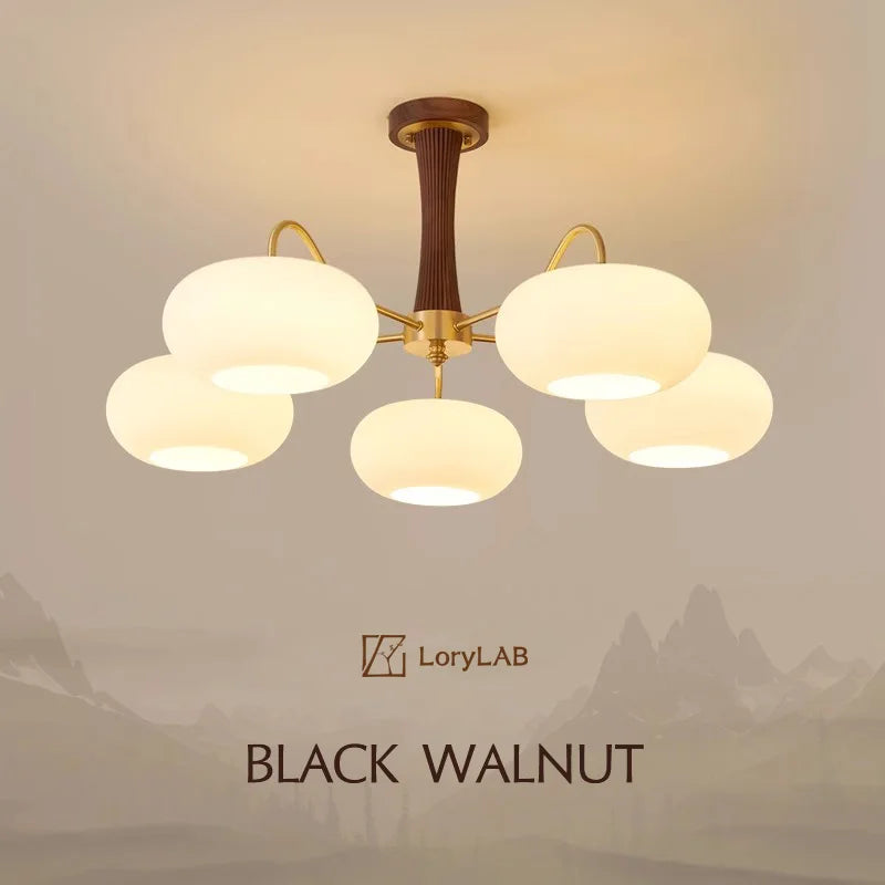 Walnut Wood Glass Brass, Wabi-sabi Modern Vintage style, chandelier lights for Living room, Bedroom, dining room, study - vue 2 sur 10