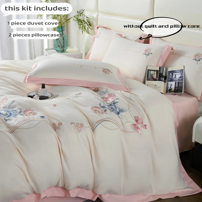 housse de couette 3 pièces élégante avec fleurs brodées