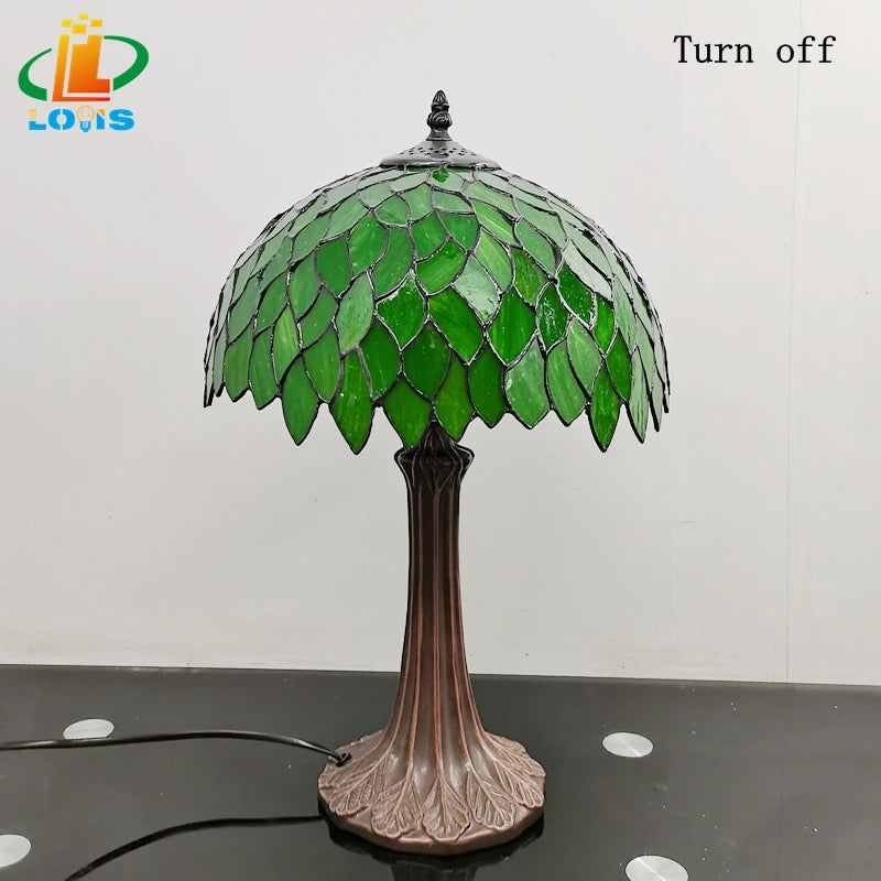 lampe à poser style tiffany avec feuilles vertes décorative - vue 6 sur 6