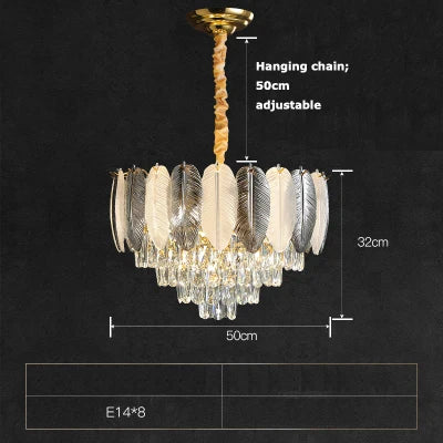 lustre suspendu led art déco en cristal et plumes blanches et grises - vue 11 sur 17