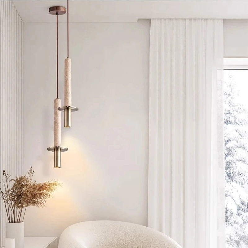suspension cylindrique en marbre et métal doré pour intérieur moderne - vue 3 sur 7
