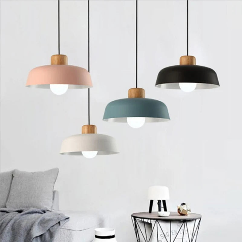 Suspension LED design nordique bois abat-jour aluminium décorative
