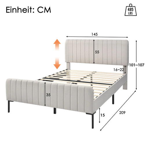 Cushion bed double bed 140x200 cm, bed frame with slatted frame and adjustable headboard, upholstered bed in gray-beige, bed - vue 7 sur 6
