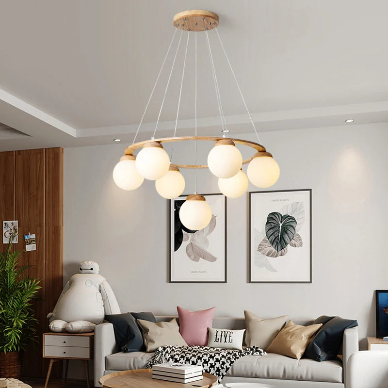 suspension en bois avec boule de verre design moderne