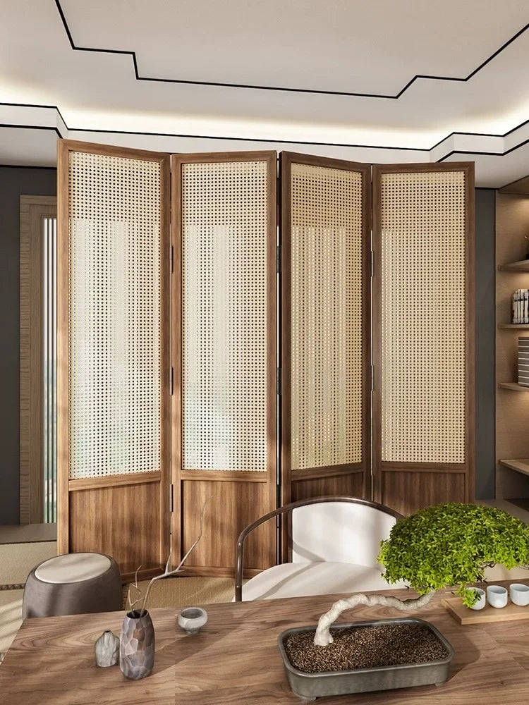 Chinese style rattan folding screen, mobile partition, living room covering, household bedroom, homestay
