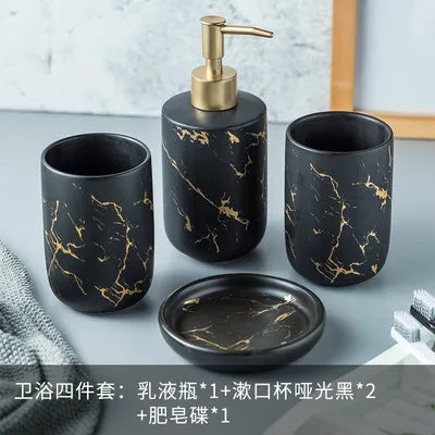 Black Marbled Bathroom Accessories Set, Ceramic Soap Dispenser, Toothbrush Holder, Box, Decoration - vue 11 sur 17