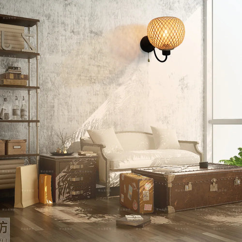 Moderne Wandleuchte aus handgeflochtenem Bambus mit LED-Schalter - vue 6 sur 6