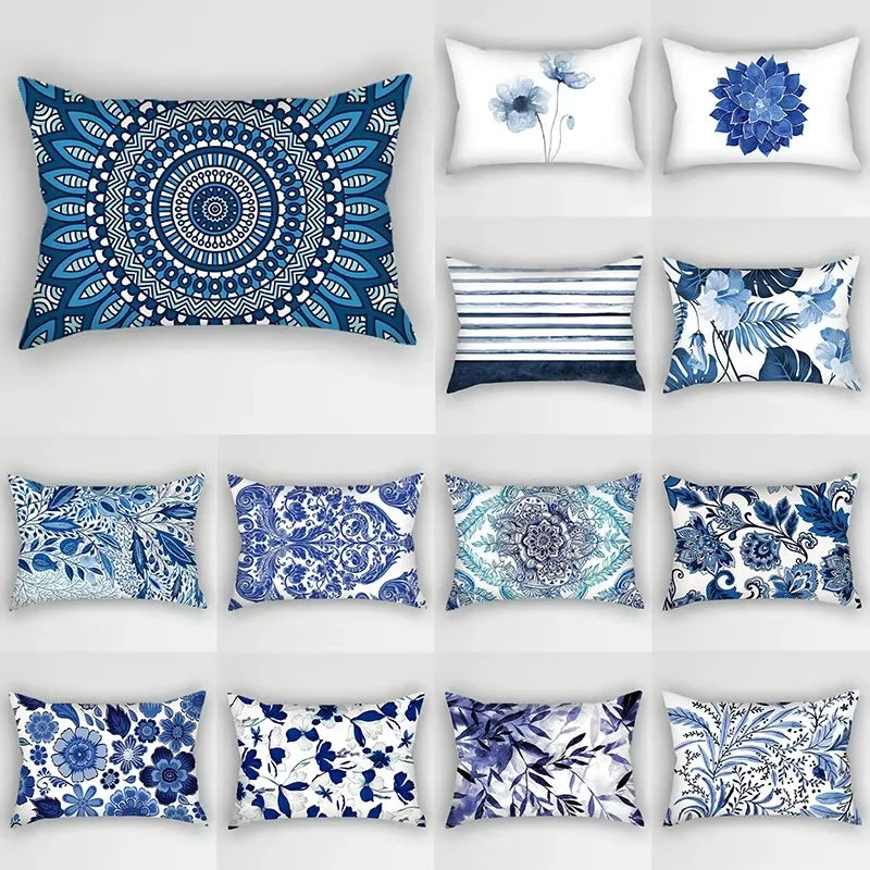 taie d'oreiller rectangulaire motif rayé fleurs bleues et feuilles