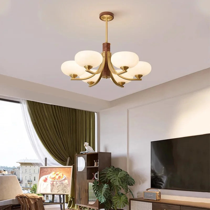 Walnut Wood Glass Brass, Wabi-sabi Modern Vintage style, chandelier lights for Living room, Bedroom, dining room, study - vue 2 sur 6