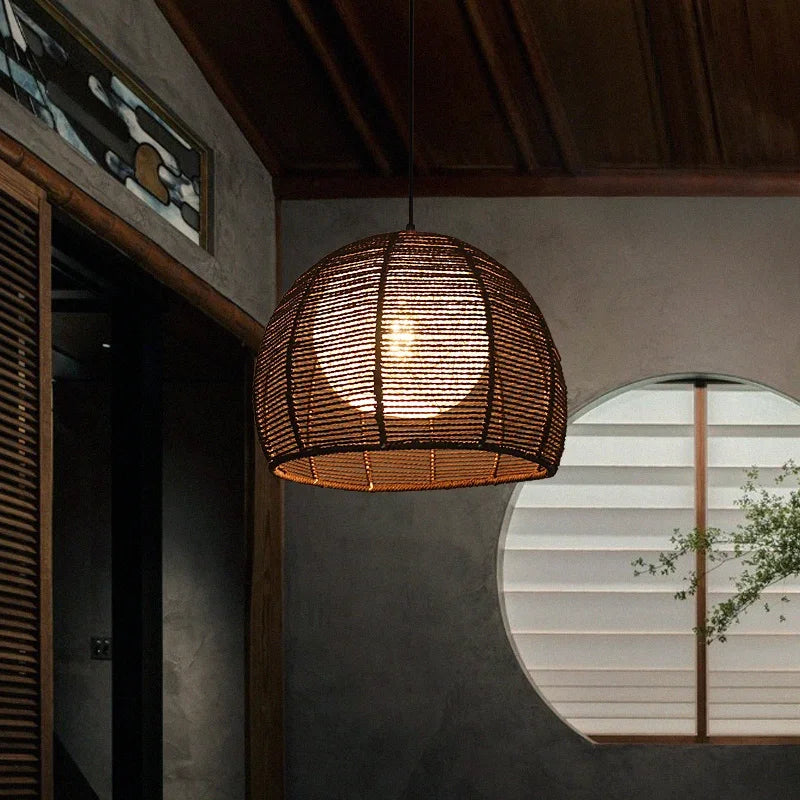 Hand-woven hemp rope chandelier stylish simple bedroom lamp balcony restaurant teahouse homestay decoration chandelier - vue 6 sur 11