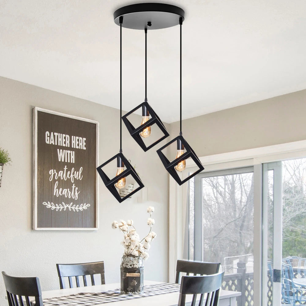 Black Geometric Pendant Lighting Modern Square Hanging Light Ceiling Fixture for Kitchen Island, Foyer, Hallway, Bedroom E27 - vue 6 sur 8