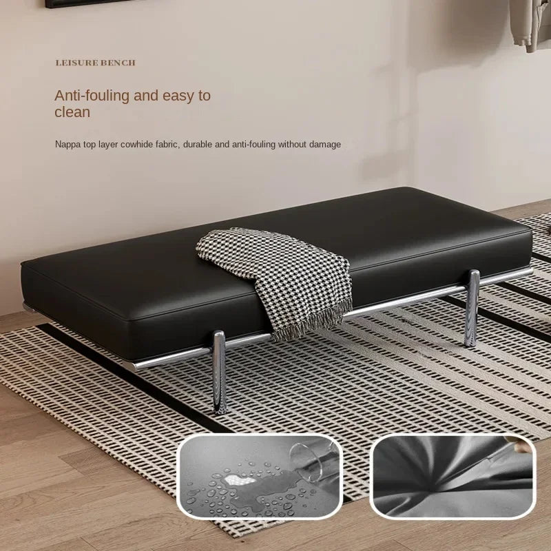 Stainless Steel Shoe Changing Bench, Long Stool, Italian Minimalist Leather, Bed-End Seat, Light, Luxury