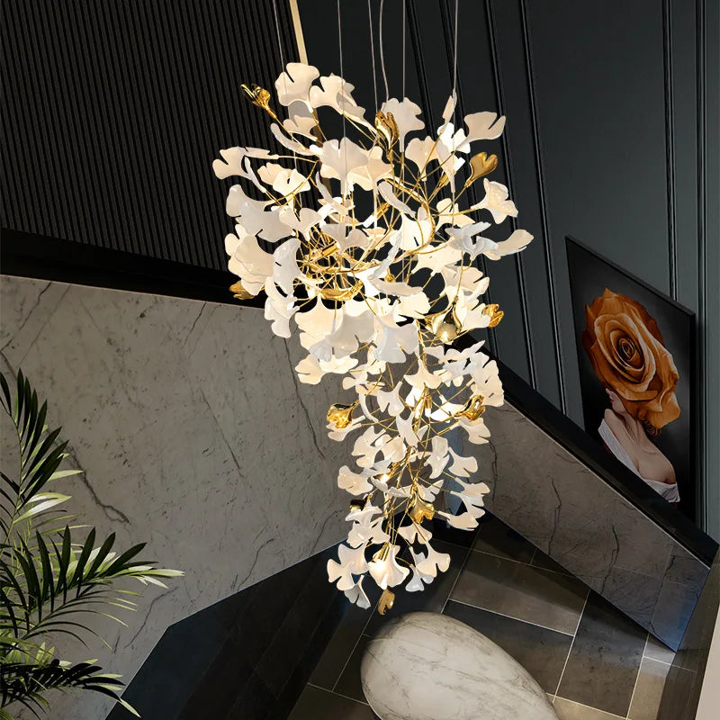Ginkgo feuille cage d'escalier long lustre lumière atmosphérique villa de luxe duplex bâtiment loft hall d'hôtel lampes d'art créatives - vue 4 sur 20