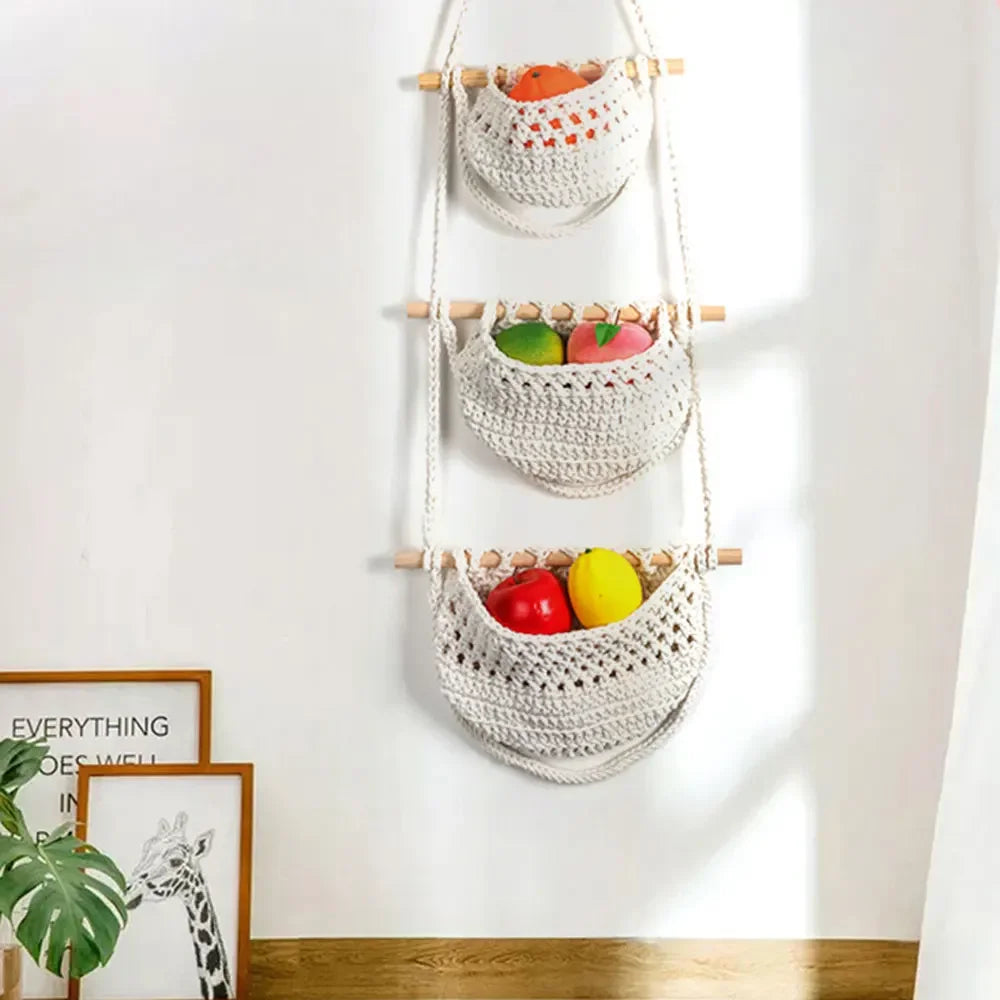 paniers suspendus en macramé lot de trois niveaux de rangement - vue 7 sur 9