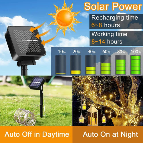 guirlandes lumineuses solaires étanches 300 led 8 modes fil cuivre