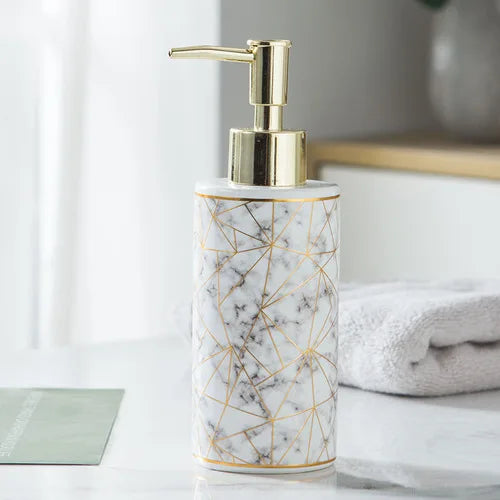 distributeur de savon en céramique avec pompe dorée pour salle de bain - vue 9 sur 17