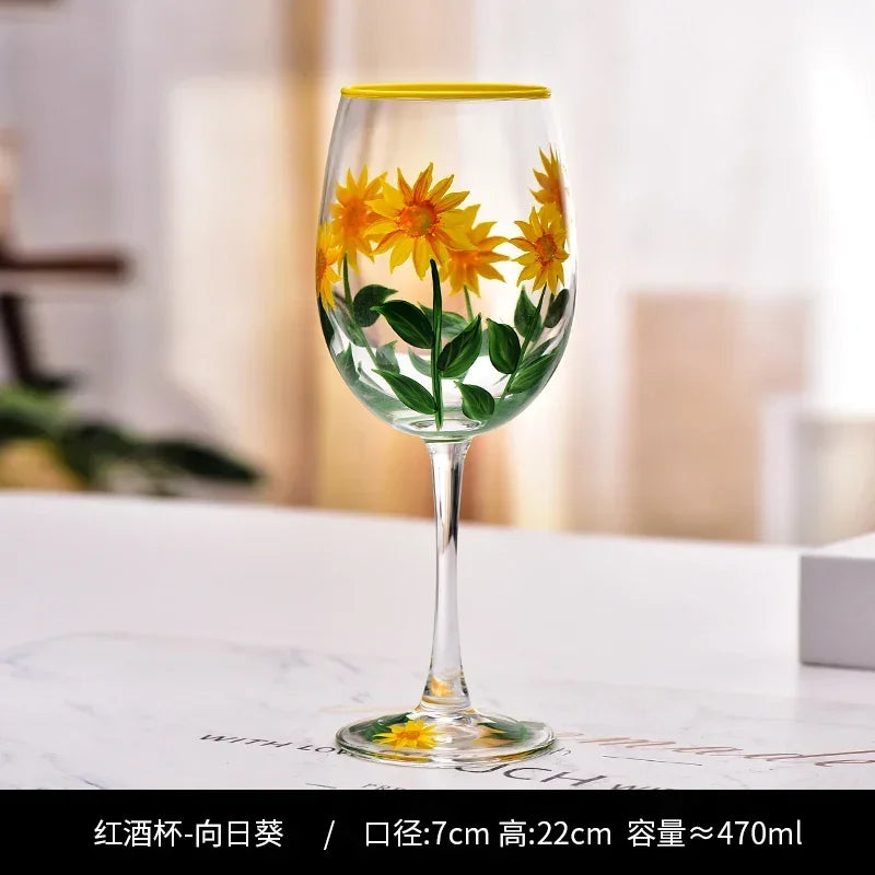 Verres à vin hauts motifs floraux dessinés main