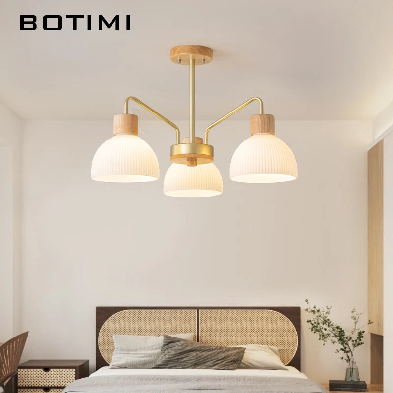 lustre botimi en bois avec abat-jour en verre 3 lumières 5 leds incluses - vue 4 sur 10