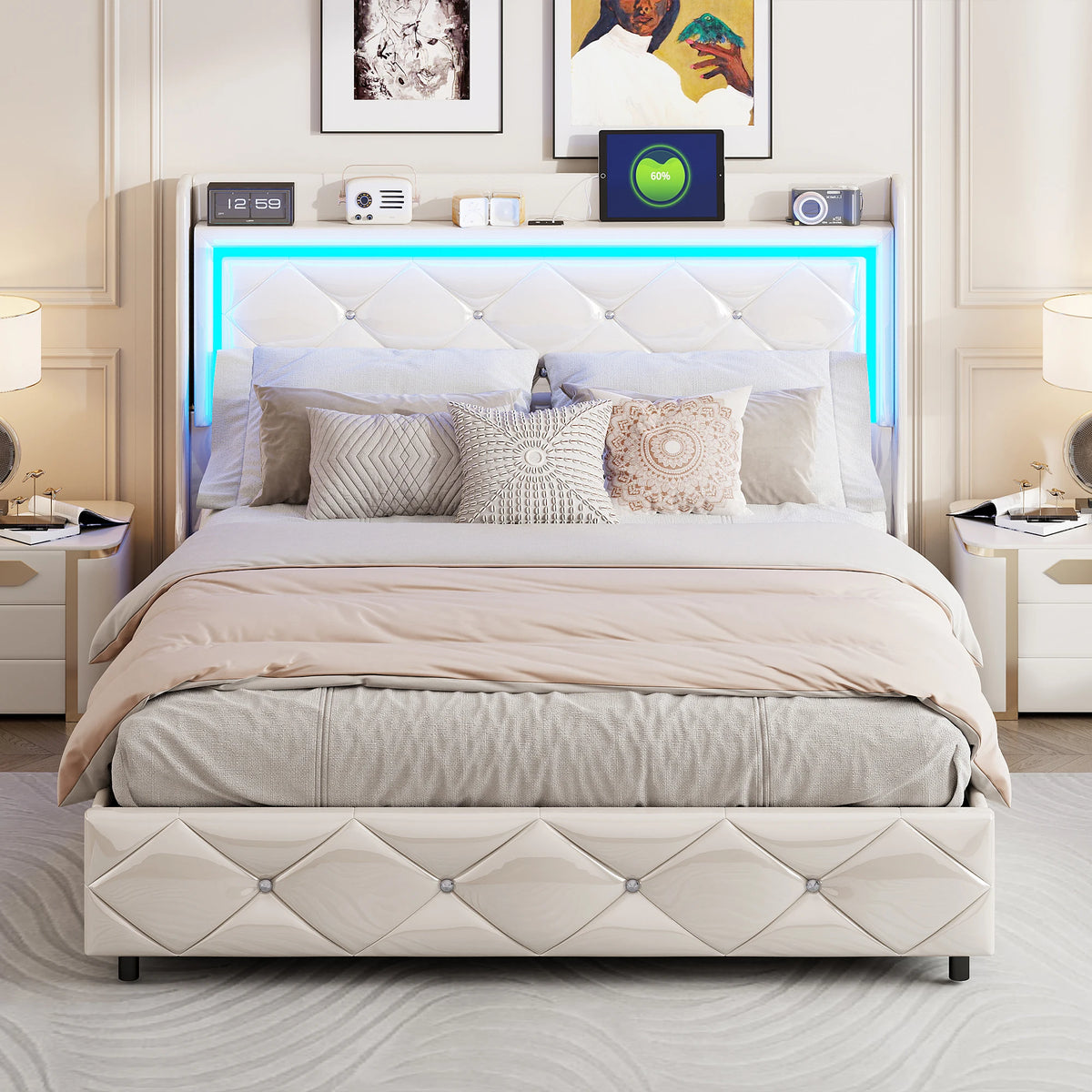 Upholstered Bed with LED Light, Charging Function, Air Pressure Metal Frame and Wooden Slatted Frame, PU, Without Mattress - vue 5 sur 6