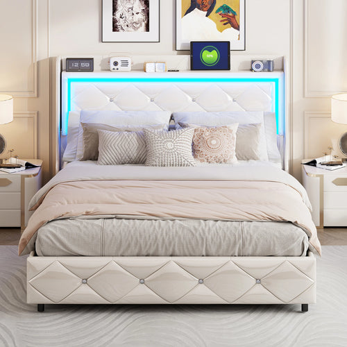Upholstered Bed with LED Light, Charging Function, Air Pressure Metal Frame and Wooden Slatted Frame, PU, Without Mattress - vue 6 sur 6