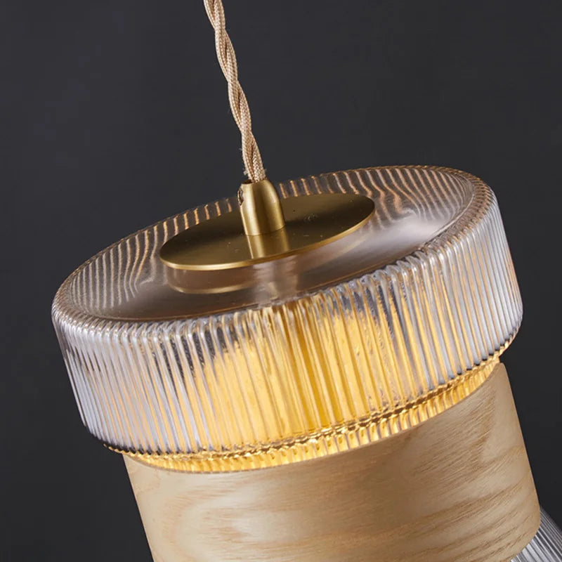 suspension moderne en verre avec détails en bois et cuivre - vue 6 sur 14