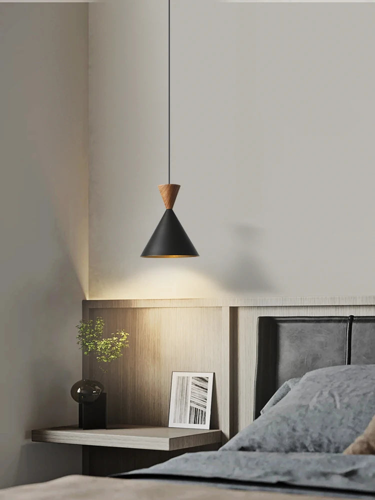Modern and Minimalist Master Bedroom Bedside Pendant Light, Personalized and Luxurious All Copper Walnut Bar Hanging Line Light - vue 2 sur 10