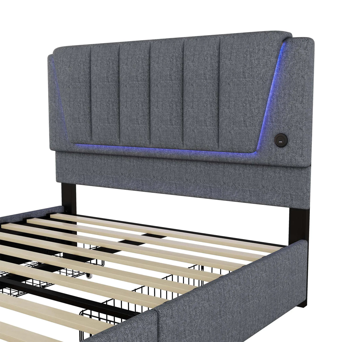 Upholstery bed, 140x200cm, bed with slatted frame (without mattress), remote control room light, bed with four drawers, adjustable - vue 3 sur 5