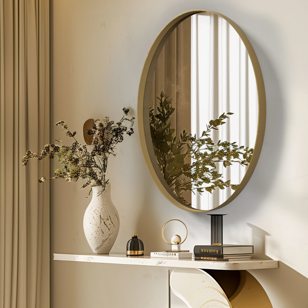 Oval Gold Bathroom Mirror, Gold Framed Mirror for Wall, Metal Frame Gold Circle Mirror Decorative - vue 3 sur 7