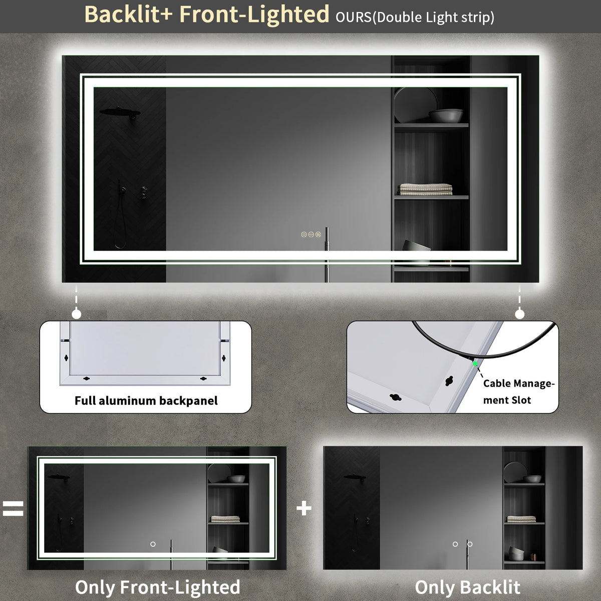 miroirs rectangulaires rétroéclairés à intensité variable avec interrupteur tactile - vue 5 sur 7