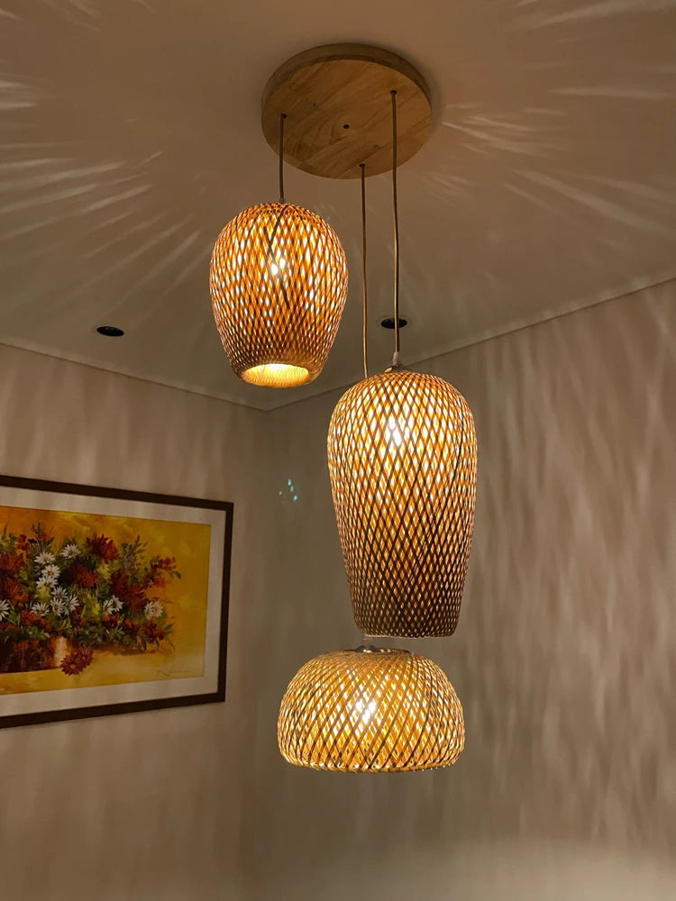 lustre style chinois fait main en bambou tissage pastoral vintage - vue 6 sur 30