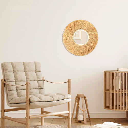 miroir décoratif en perles de bois de raphia fait main style bohème