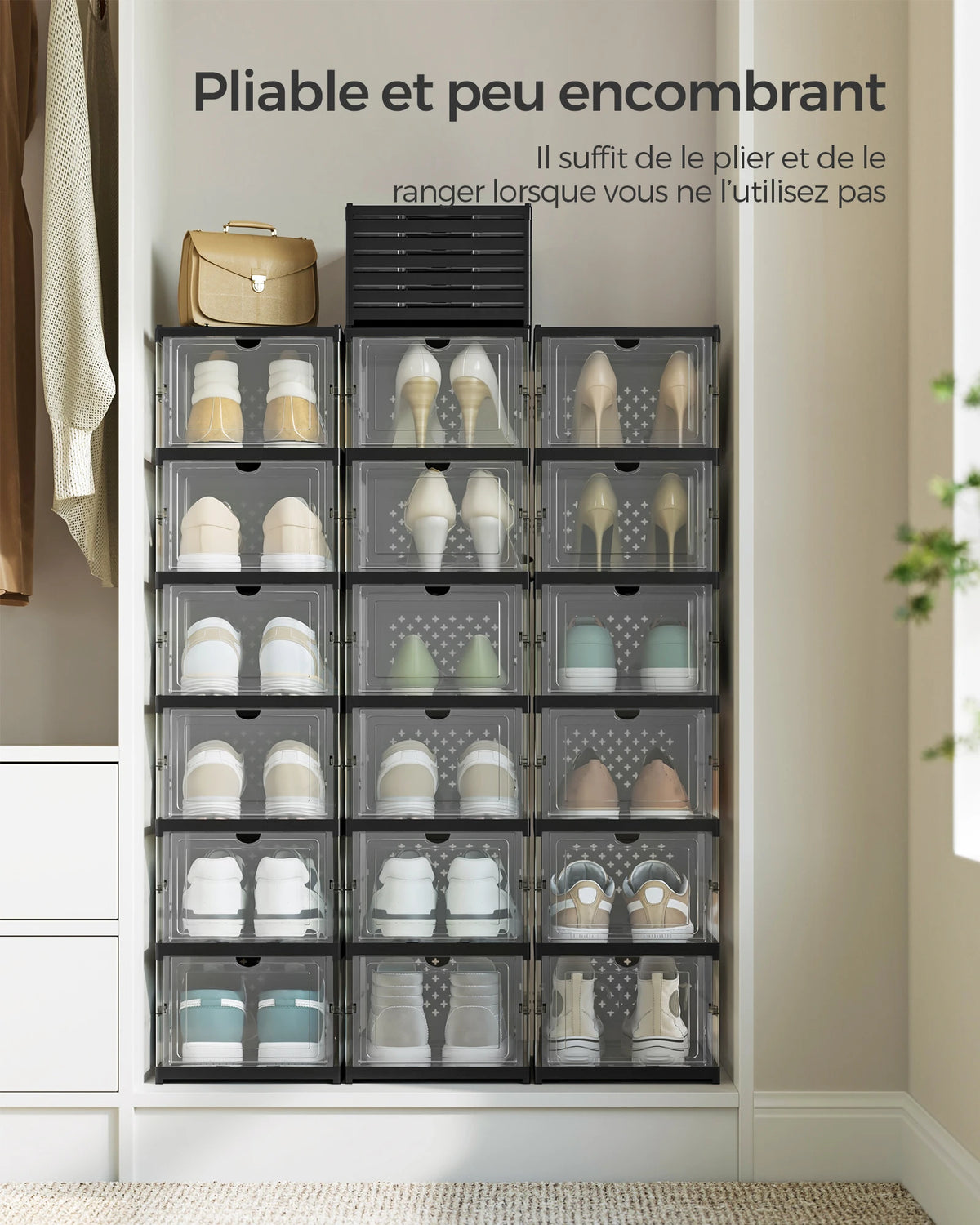 SONGMICS Shoe Boxes, Pack of 18 Stackable Shoe Storage Organiser, Set of 3 Integrated Shoe Cabinets, Foldable and Portable