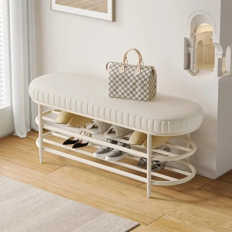 tabouret à chaussures pouf ottoman souple en cuir flanelle et coussin - vue 4 sur 18