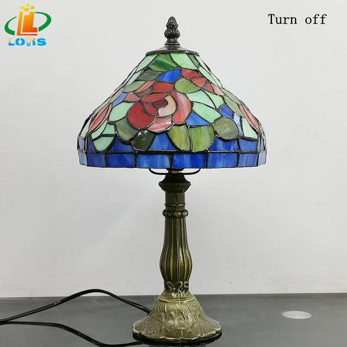 Nachttischlampe im Tiffany-Stil mit roten emaillierten Blumen, antik - vue 6 sur 6