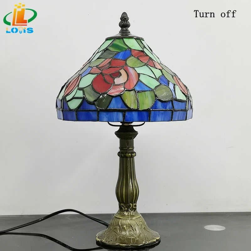 Nachttischlampe im Tiffany-Stil mit roten emaillierten Blumen, antik - vue 5 sur 6
