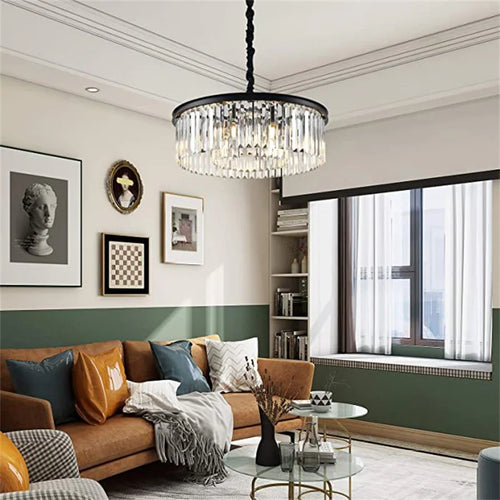 lustre rond en cristal design suspendu en verre transparent