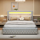 Upholstered Bed, Double Bed, PU Bedside Lamp, Hydraulic Functional Storage Bed, Headboard and Slatted Base, Padded Backrest