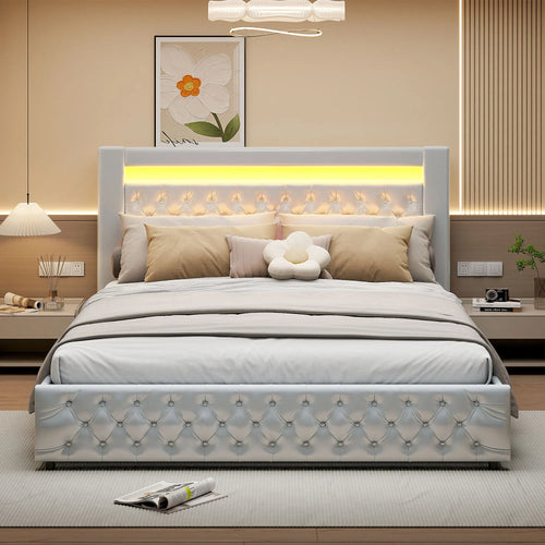 Upholstered Bed, Double Bed, PU Bedside Lamp, Hydraulic Functional Storage Bed, Headboard and Slatted Base, Padded Backrest - vue 4 sur 9