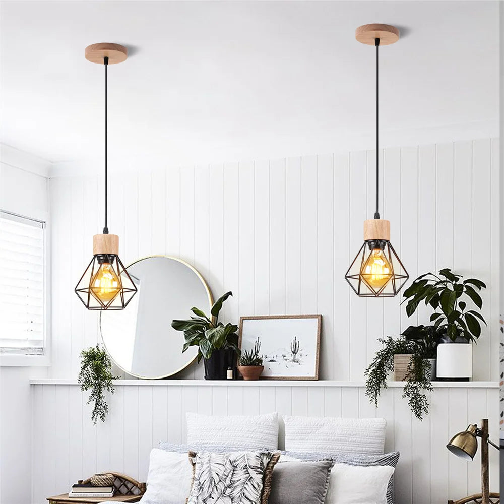 Vintage bois fer Cage suspension lampe 1/3 têtes Loft Mini plafond suspendu éclairage pour salon cuisine Restaurant décoration