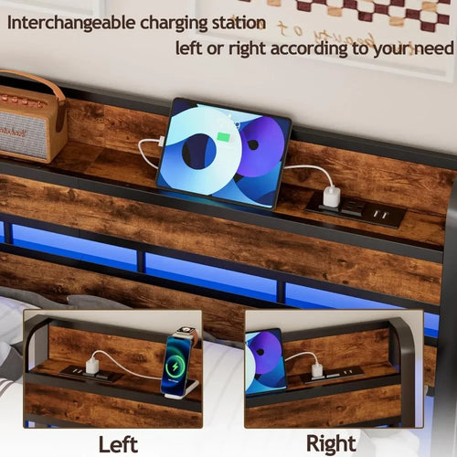 Queen Size Headboard with Storage Shelf and LED Light, USB Port and Charging Station, Sturdy Metal Frame & Wood Shelf - vue 5 sur 6