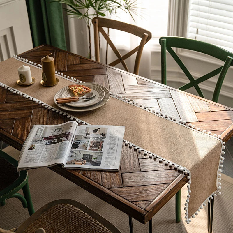 Chemin de table toile jute beige pompons champetre