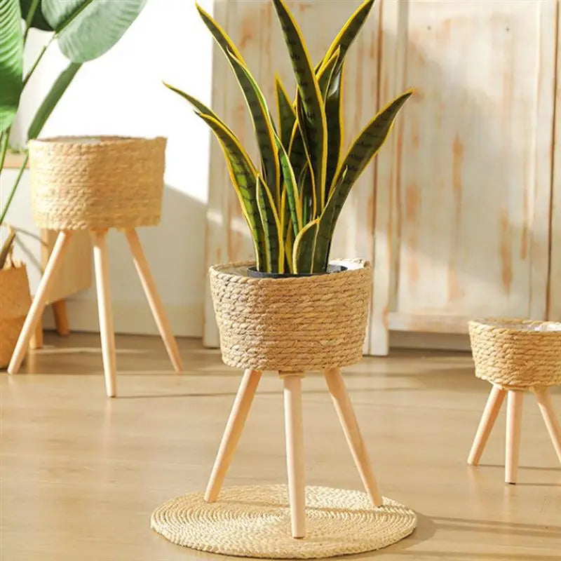 panier de fleurs en bois tressé sur pieds décoratif - vue 4 sur 8