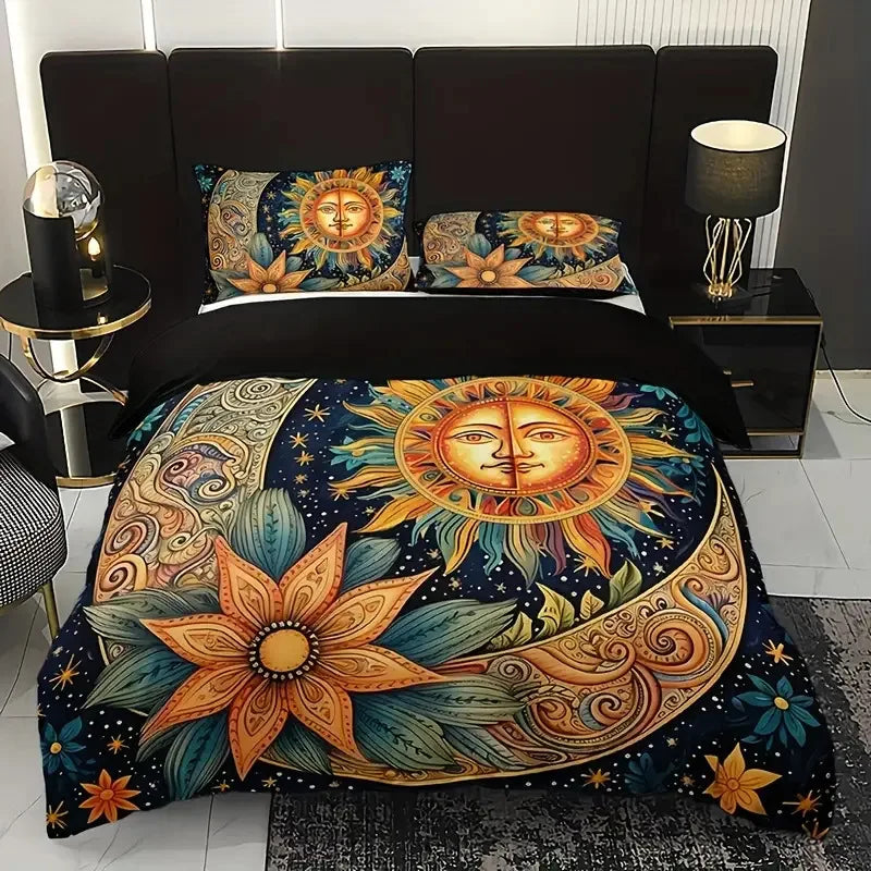 housse de couette bohème soleil lune motif floral noir blanc