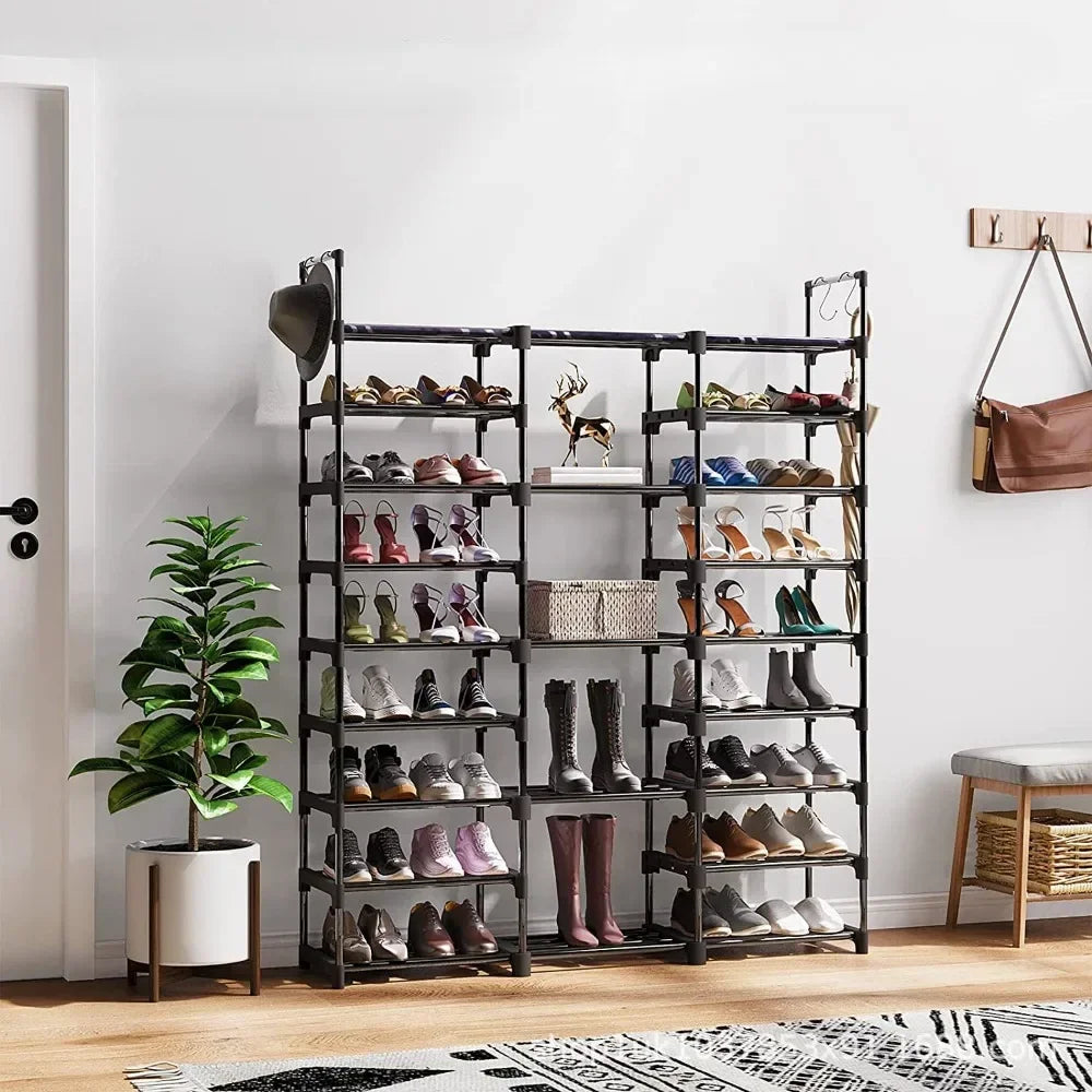 etagère à chaussures en métal grande capacité avec crochets et rangement - vue 5 sur 9