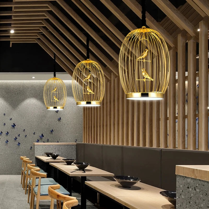 suspension led en fer cage à oiseaux pour restaurant loft - vue 6 sur 8