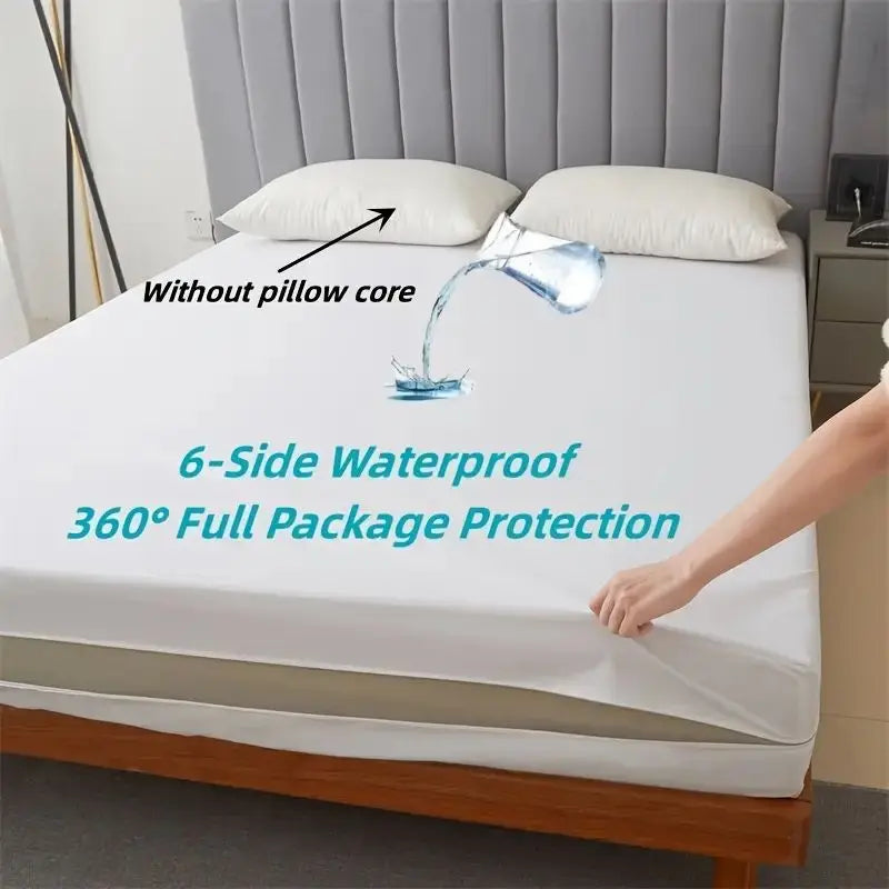 1pc 6-Sides Fully Enclosed Waterproof Mattress Cover With Zipper (Without Pillowcase), Dust-proof Mattress Protector Solid Color - vue 5 sur 8