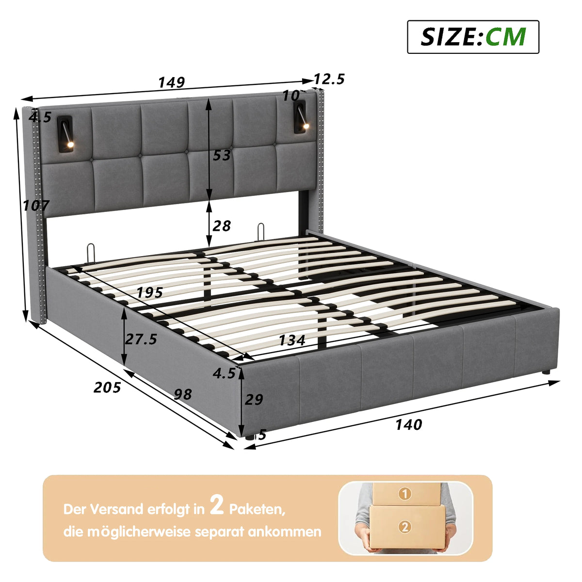 Single and Double Bed with Slatted Frame, Hydraulic Upholstered Storage Bed, Headboard with 2 Reading Light and USB Port, Velvet - vue 8 sur 8