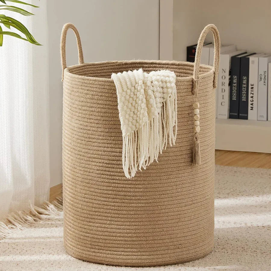 grand panier de rangement tissé avec poignées en coton pliable - vue 8 sur 9