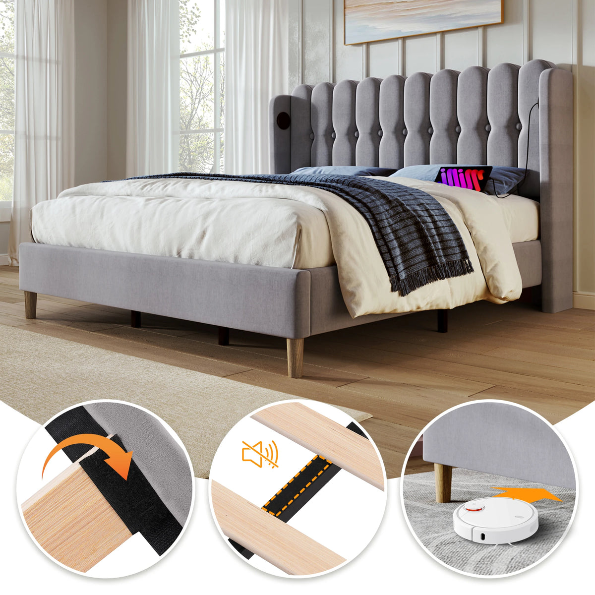 Cushion Bed Double with USB Type C Charging, Slatted Frame, Upholstered, Gray, 140x200 cm, Youth/Guest Room, Linen