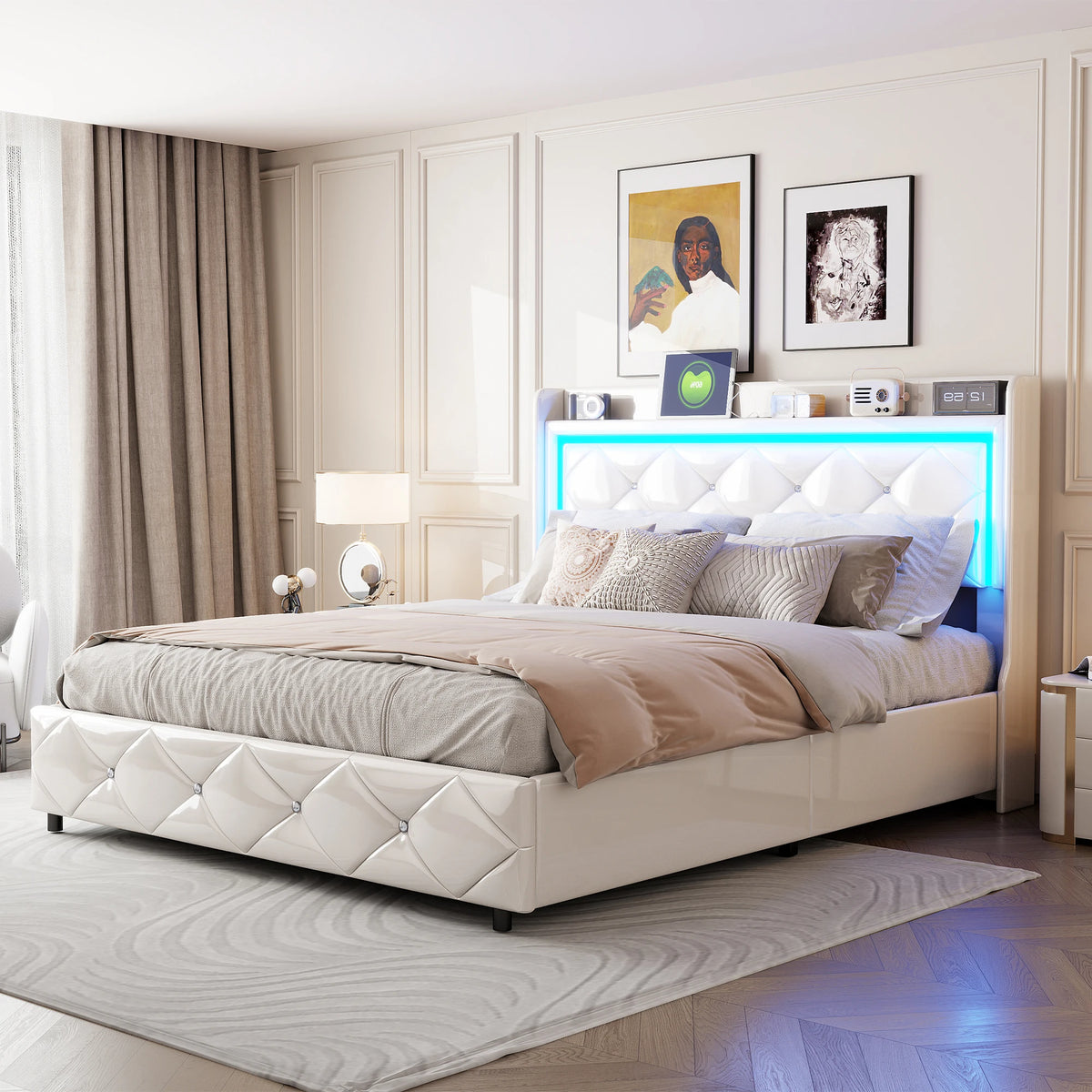 Upholstered Bed with LED Light, Charging Function, Air Pressure Metal Frame and Wooden Slatted Frame, PU, Without Mattress - vue 4 sur 6